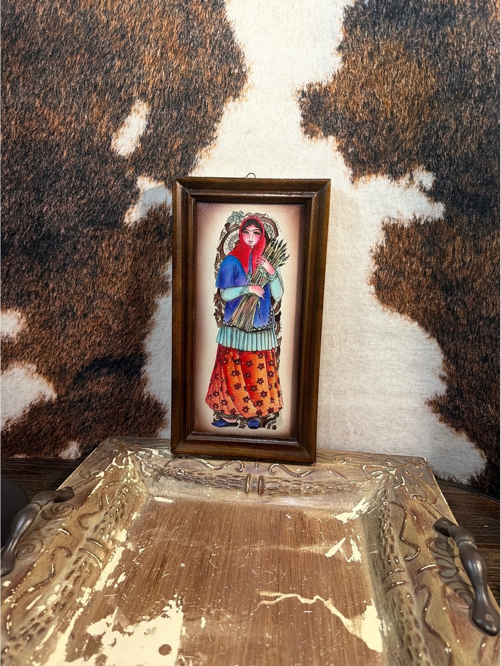 Vintage Hand-Painted Folk Art Woman in Traditional Dress Framed Wall Art